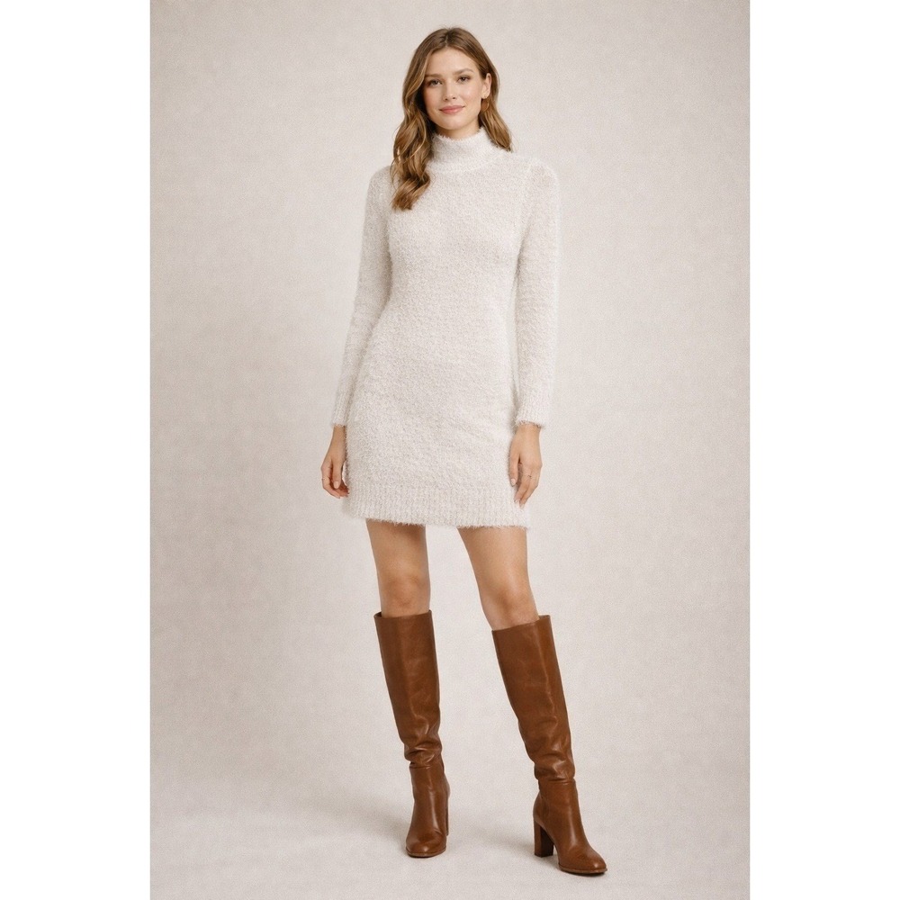 Planet Gold Fuzzy Mock Neck Long Sleeve Sweater‎ Dress Cream Size Small